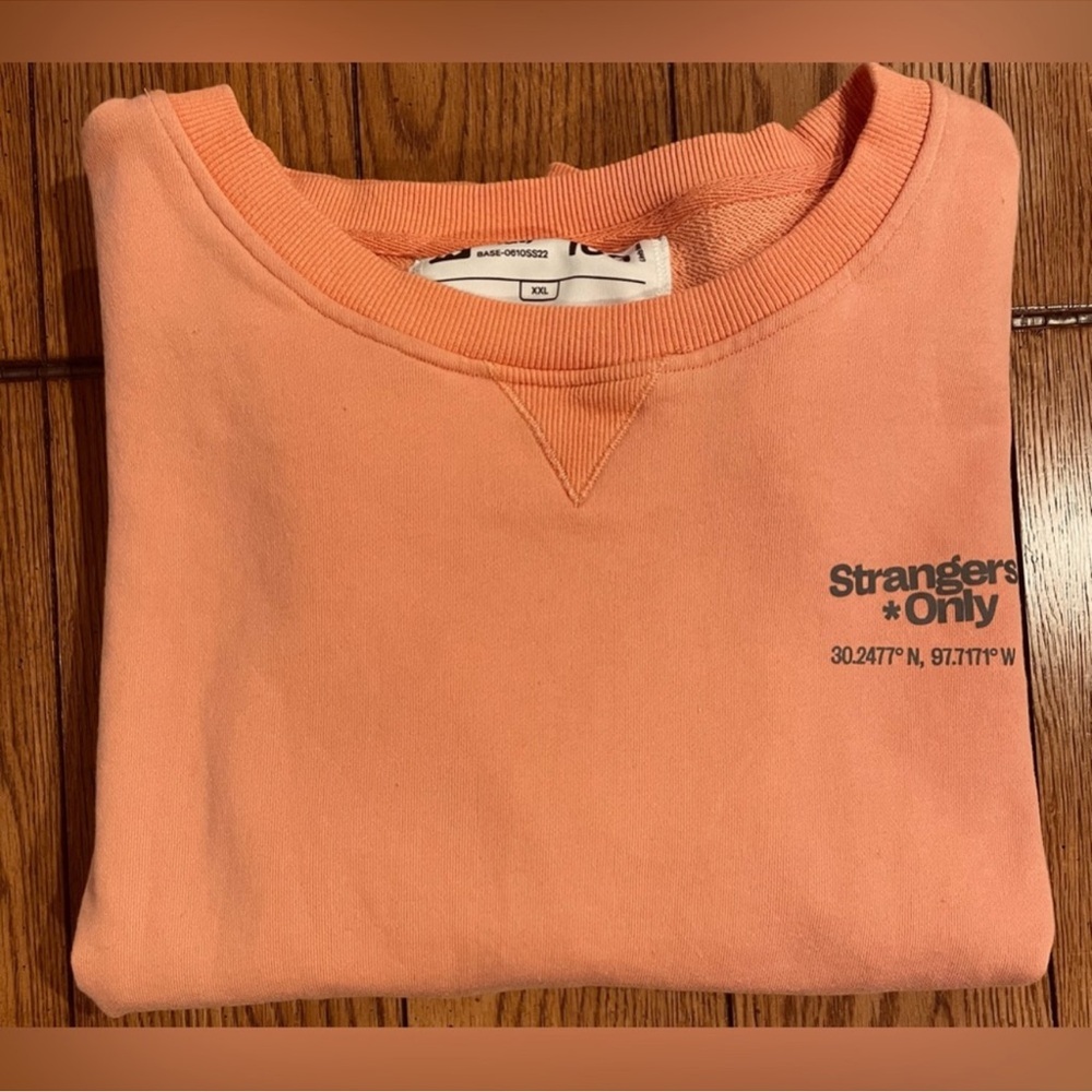 UNISEX Strangers Only peach french terry crew neck, size XXL